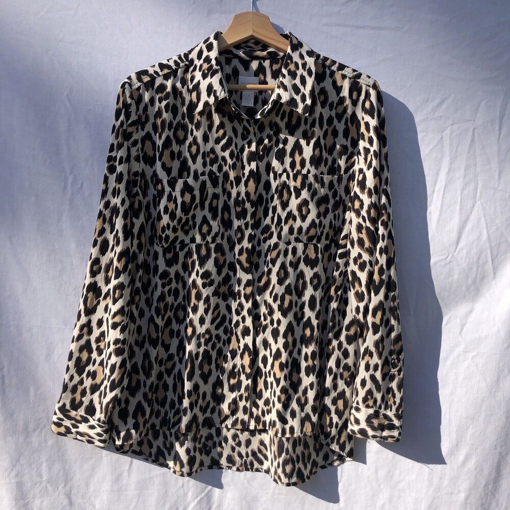 Chico's Size 2 12 Brown Cheetah Print Button Up Shirt Long Sleeve Polyester